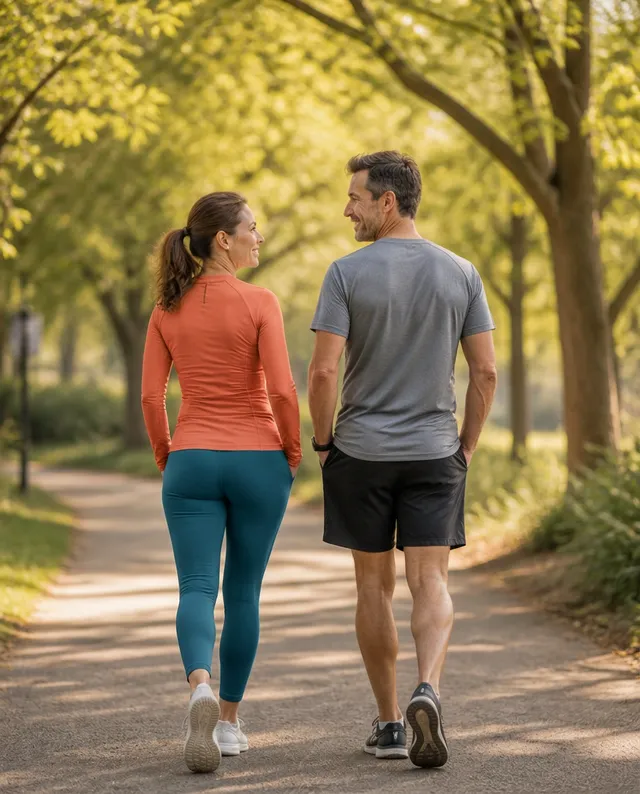 Active couple in their forties walking a tree-lined path near Clear Lake, Houston after starting personalized wellness care