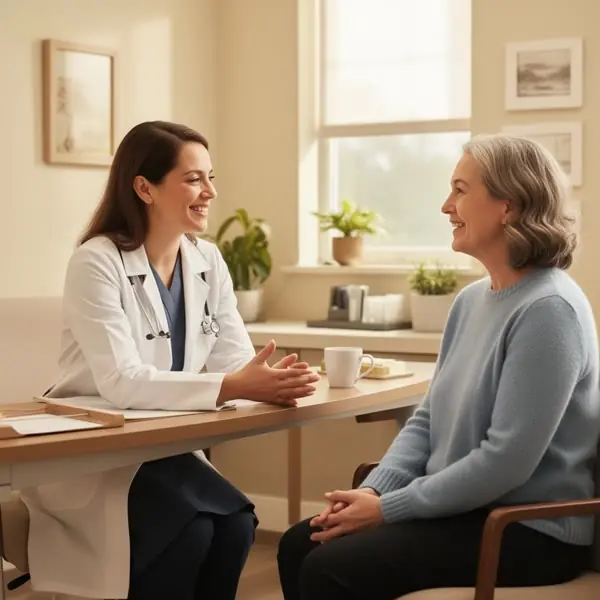 Provider sitting across from a patient in a softly lit consultation room, listening attentively and taking notes